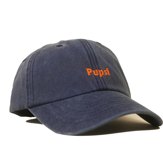 Denim Vintage Cap mit orangefarbener Stickerei „Pupsi“ seitlich
