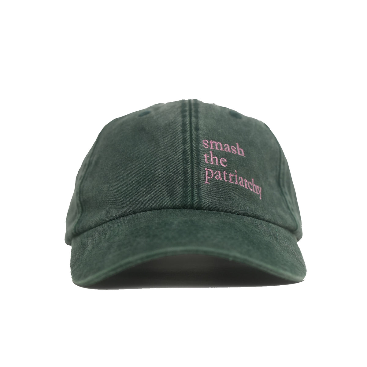 bottle green Vintage Cap mit pink Stickerei „Smash the Patriarchy“ frontal
