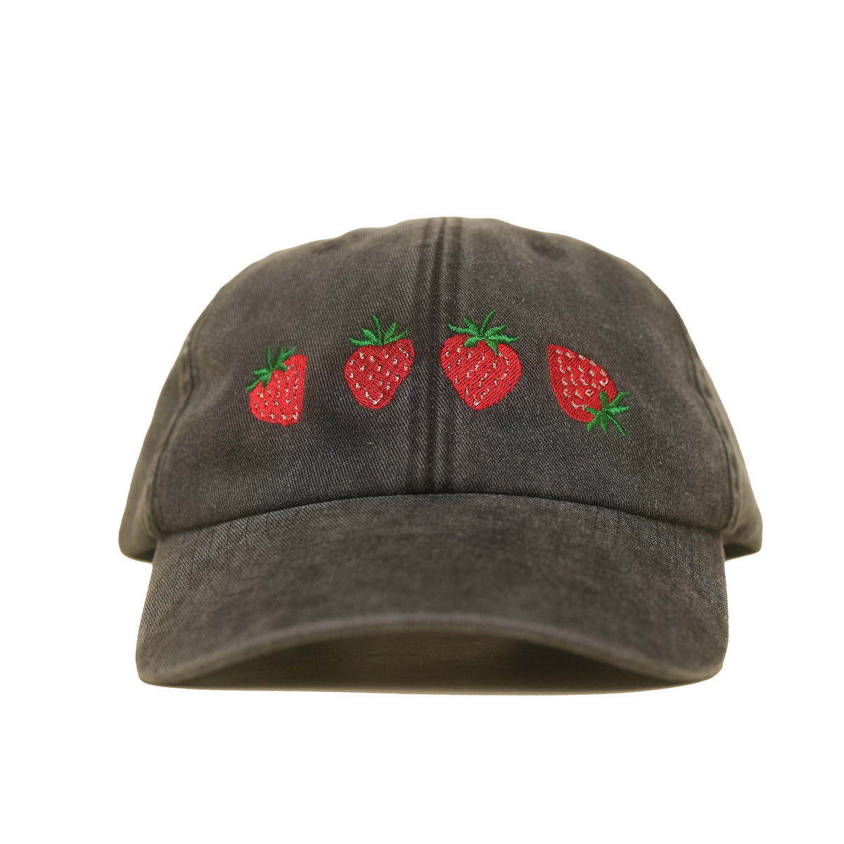 Black Vintage Cap mit mehreren gestickten Erdbeeren frontal