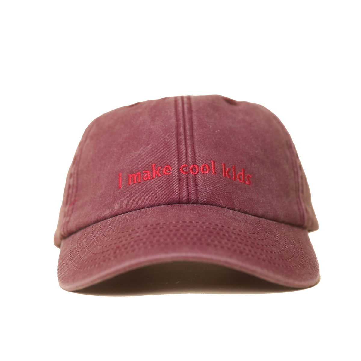 Red Vintage Cap mit rotem Schriftzug „I Make Cool Kids“ in Frontansicht
