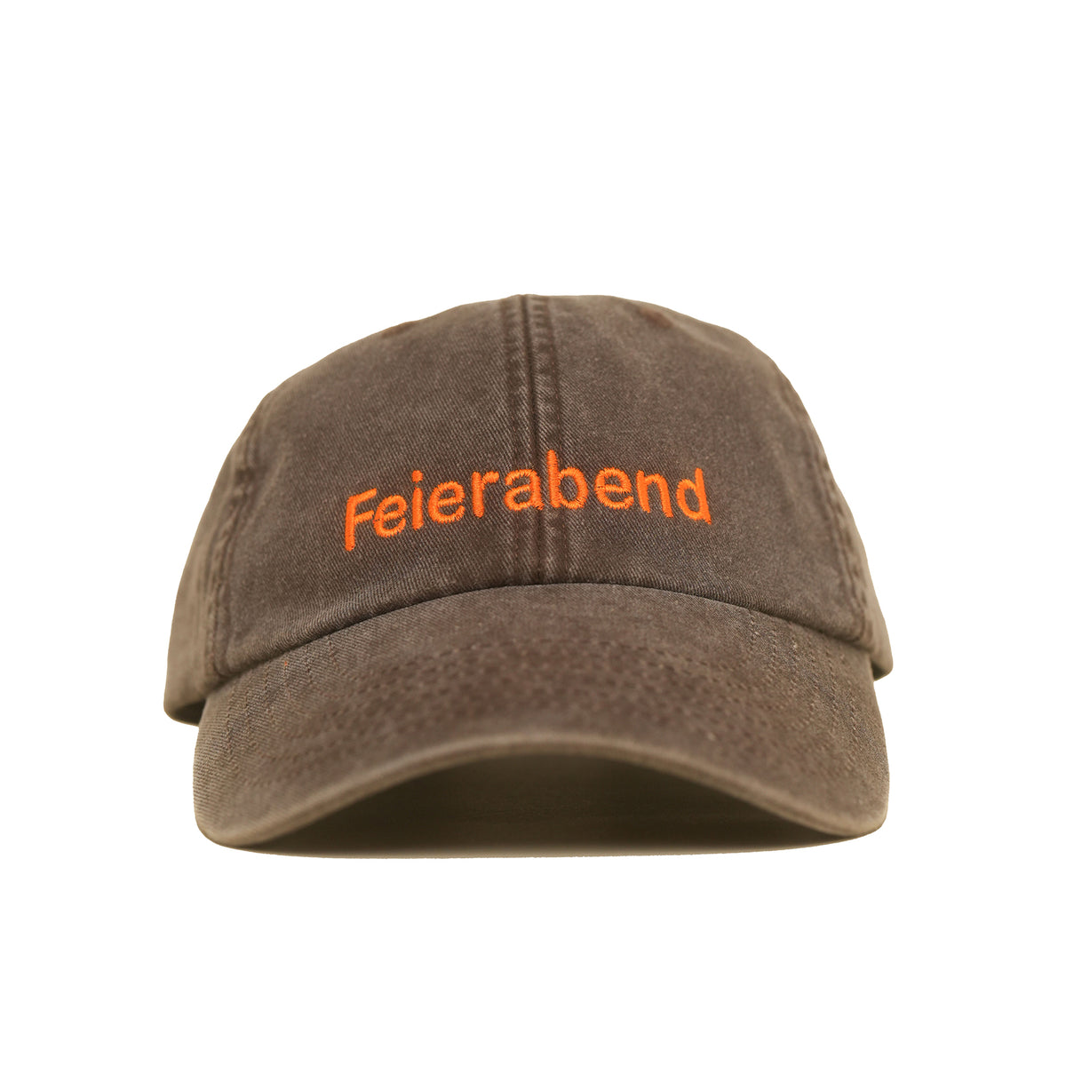 Brown Vintage Cap mit orangefarbener Stickerei „Feierabend“ frontal