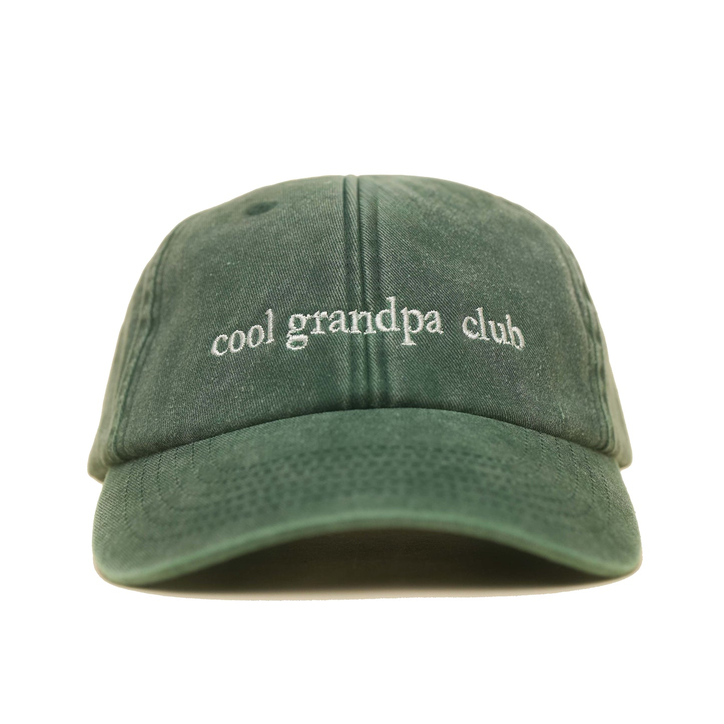 Bottle Green Vintage Cap mit heller Stickerei „cool grandpa club“ frontal
