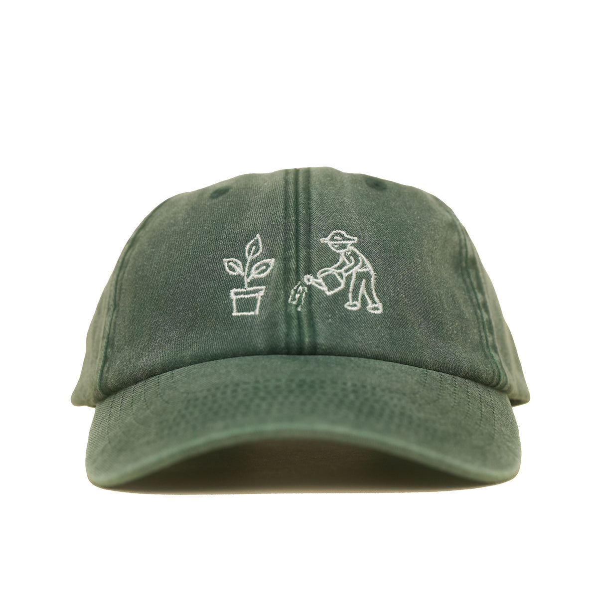 Bottle Green Vintage Cap mit gestickter Gießkanne und Pflanze frontal