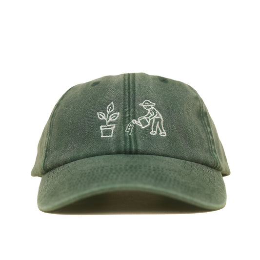 Bottle Green Vintage Cap mit gestickter Gießkanne und Pflanze frontal