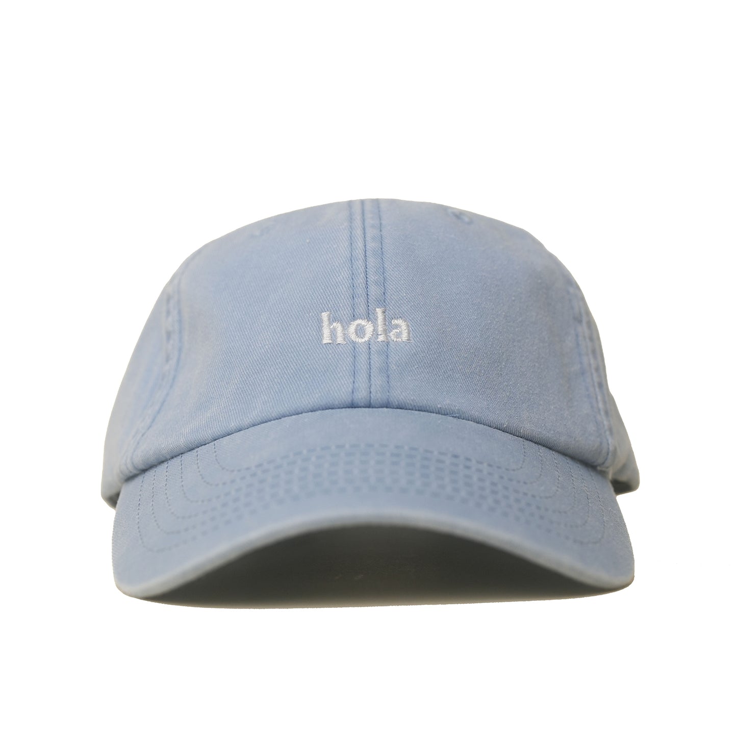 Light blue Vintage Cap mit heller Stickerei „hola“ frontal