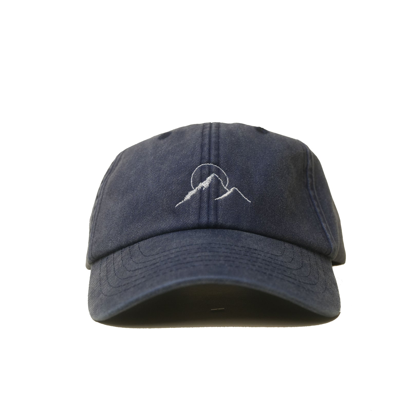 Denim Vintage Cap mit gesticktem Berg- und Sonnenmotiv frontal