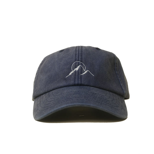 Denim Vintage Cap mit gesticktem Berg- und Sonnenmotiv frontal