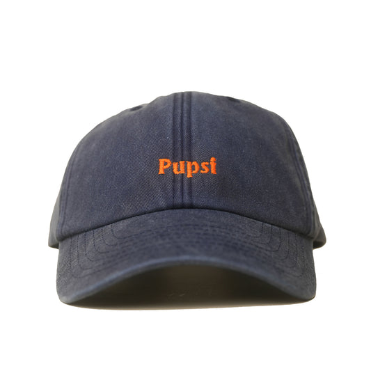 Denim Vintage Cap mit orangefarbener Stickerei „Pupsi“ frontal