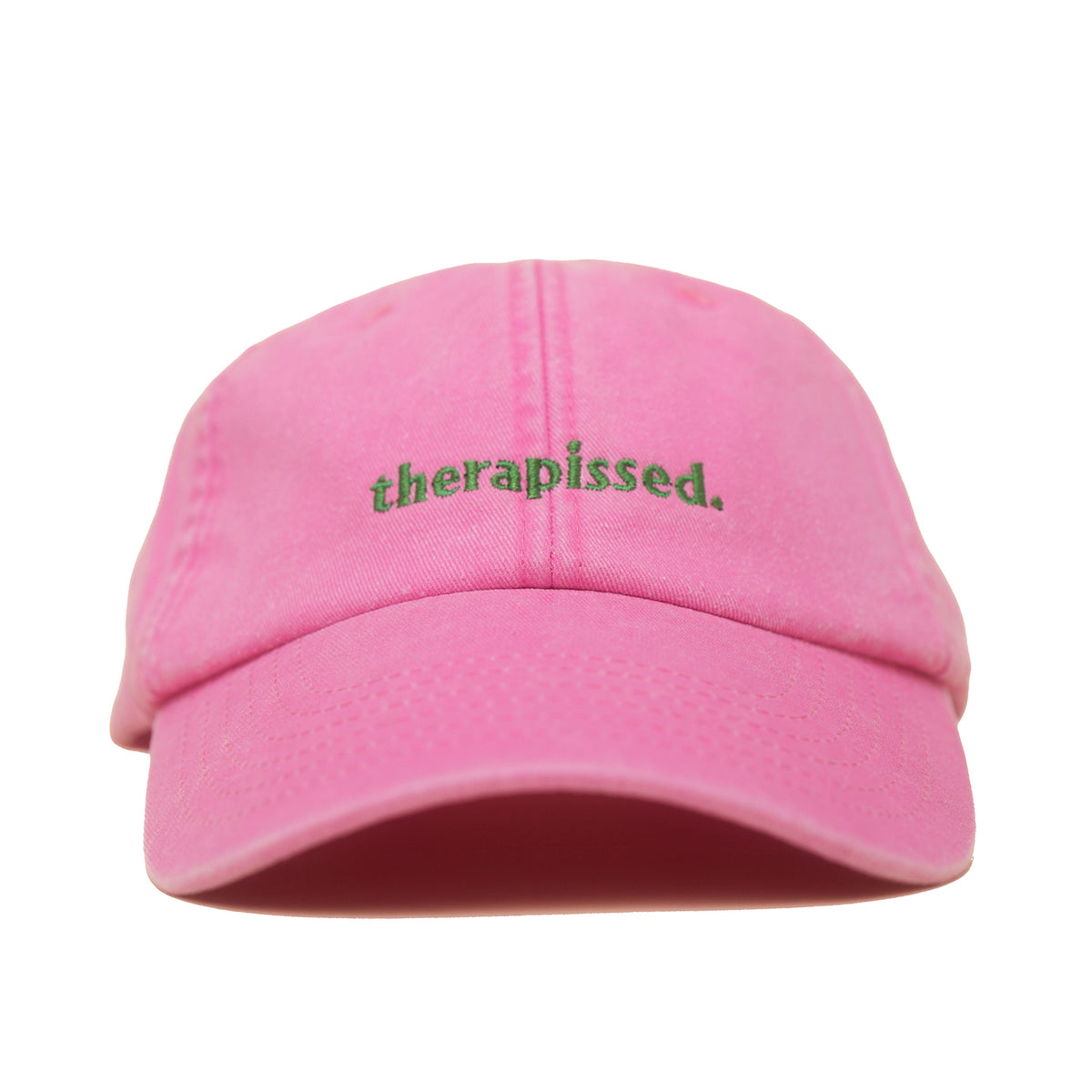 True Pink Vintage Cap mit grüner Stickerei „therapissed.“ frontal