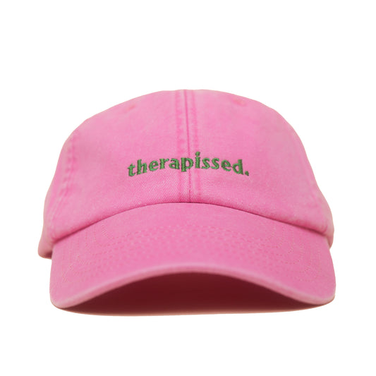 True Pink Vintage Cap mit grüner Stickerei „therapissed.“ frontal