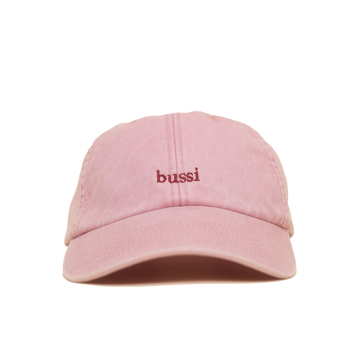 Dusky Pink Vintage Cap mit dunkelroter Stickerei „bussi“ frontal