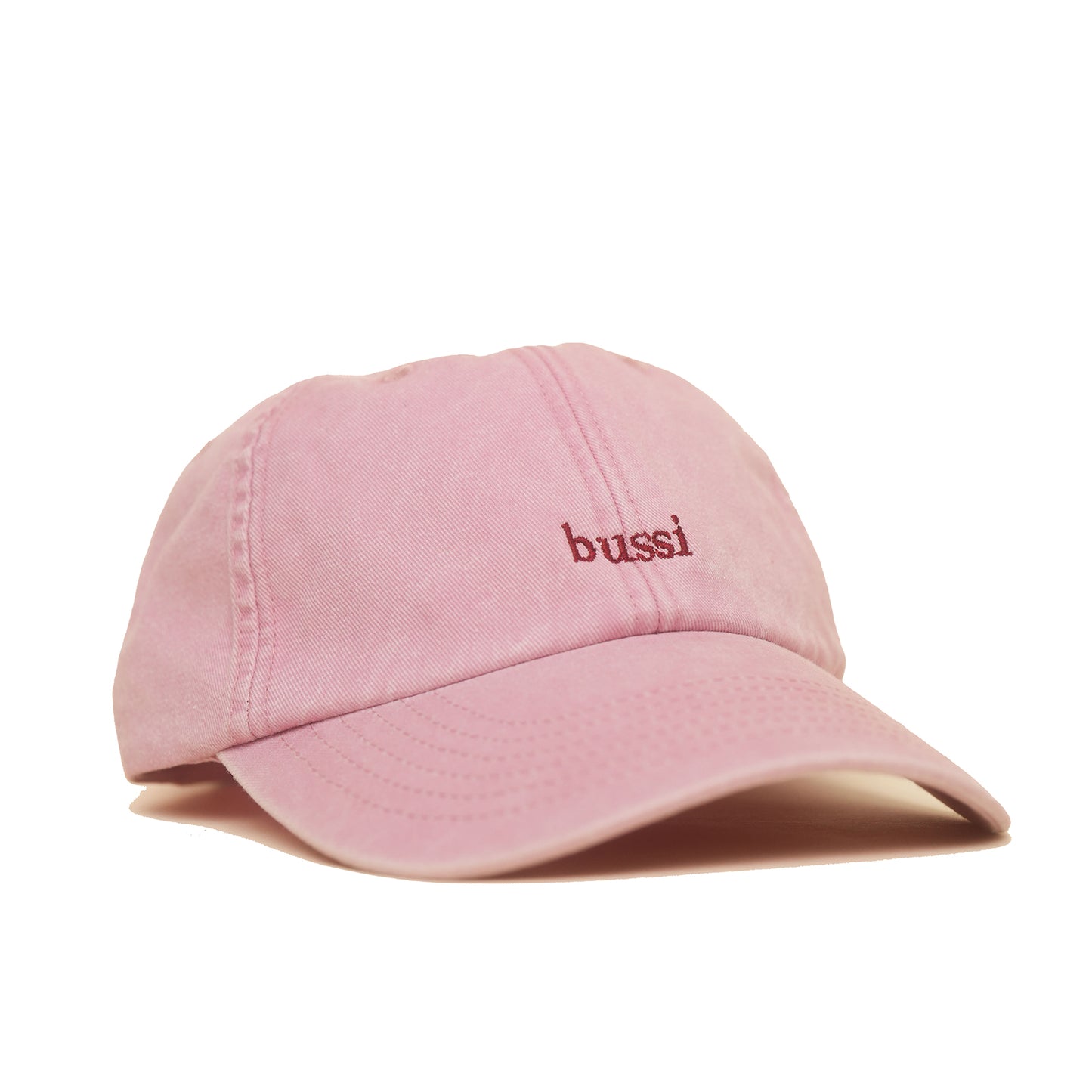 Dusky Pink Vintage Cap mit dunkelroter Stickerei „bussi“ seitlich