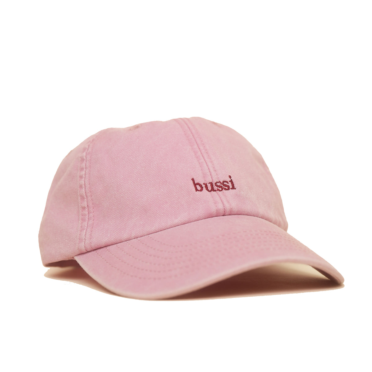 Dusky Pink Vintage Cap mit dunkelroter Stickerei „bussi“ seitlich