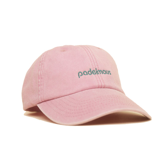 Dusky Pink Vintage Cap mit grüner Stickerei „padelmaus“ seitlich