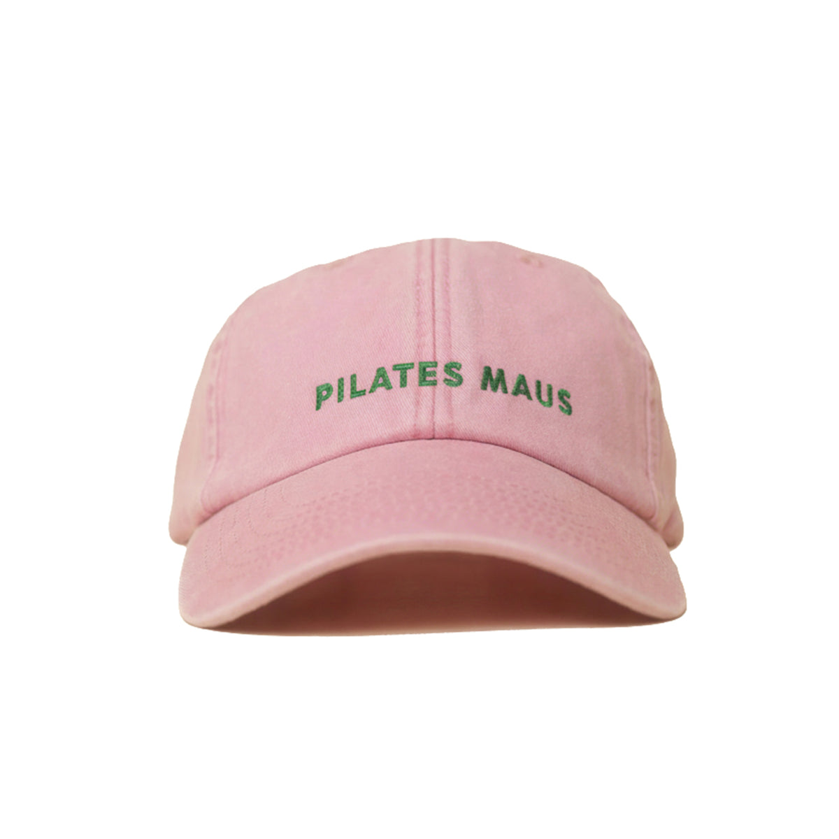 Dusky Pink Vintage Cap mit grüner Stickerei „PILATES MAUS“ frontal