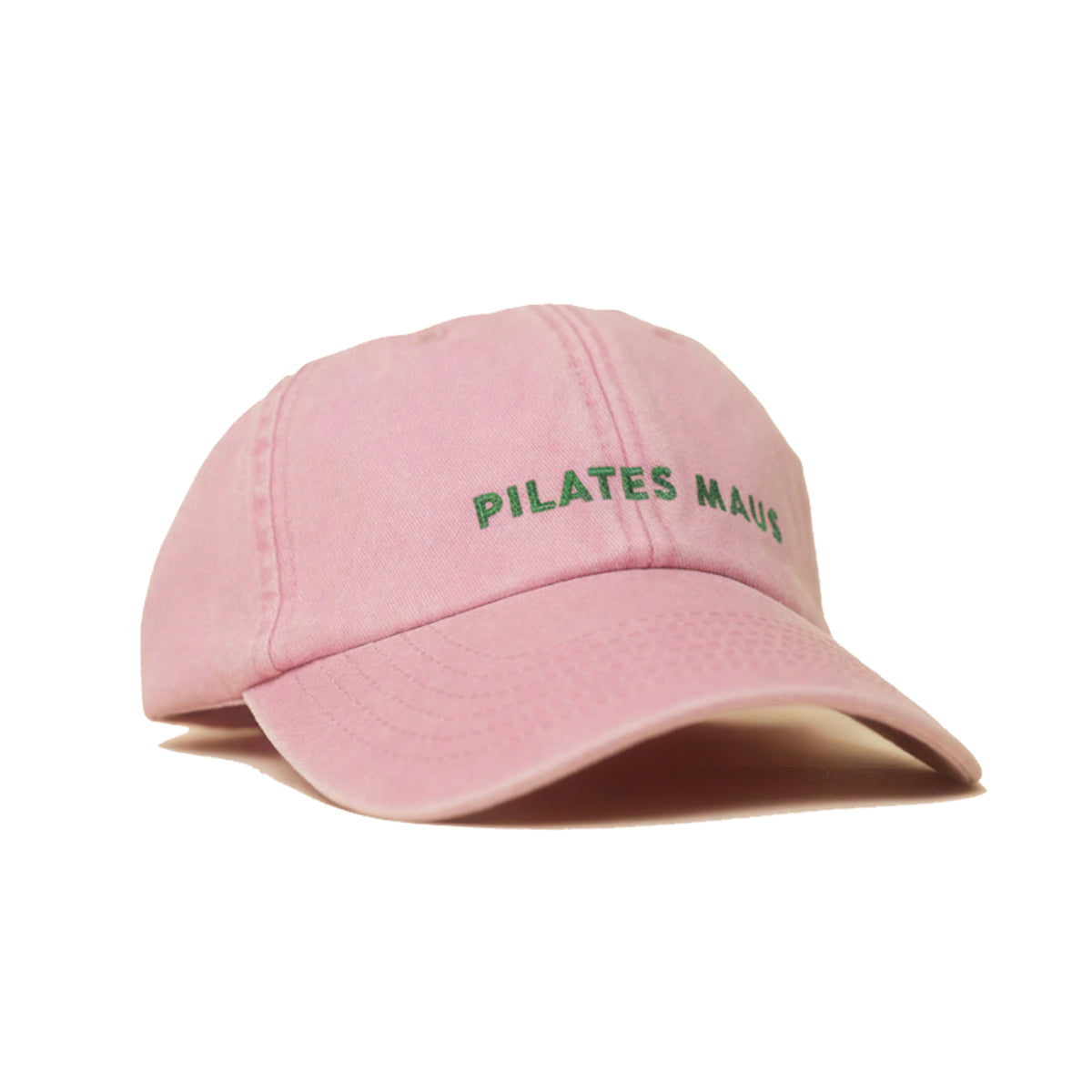 Dusky Pink Vintage Cap mit grüner Stickerei „PILATES MAUS“ seitlich