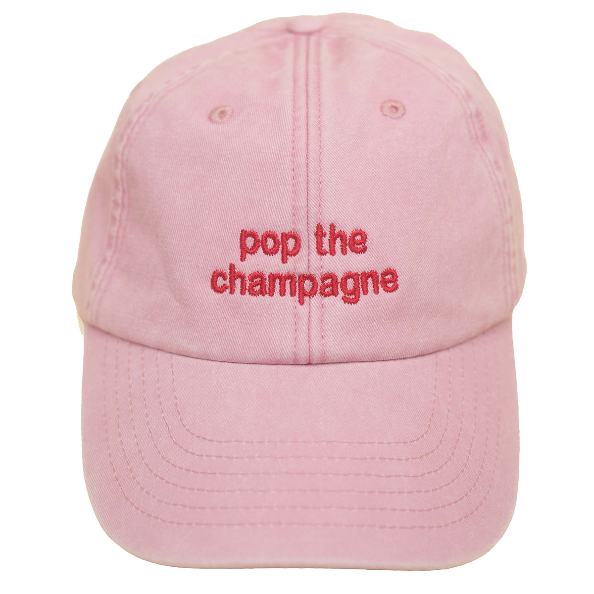 Dusky pink Vintage Cap mit roter Stickerei „pop the champagne“ oben