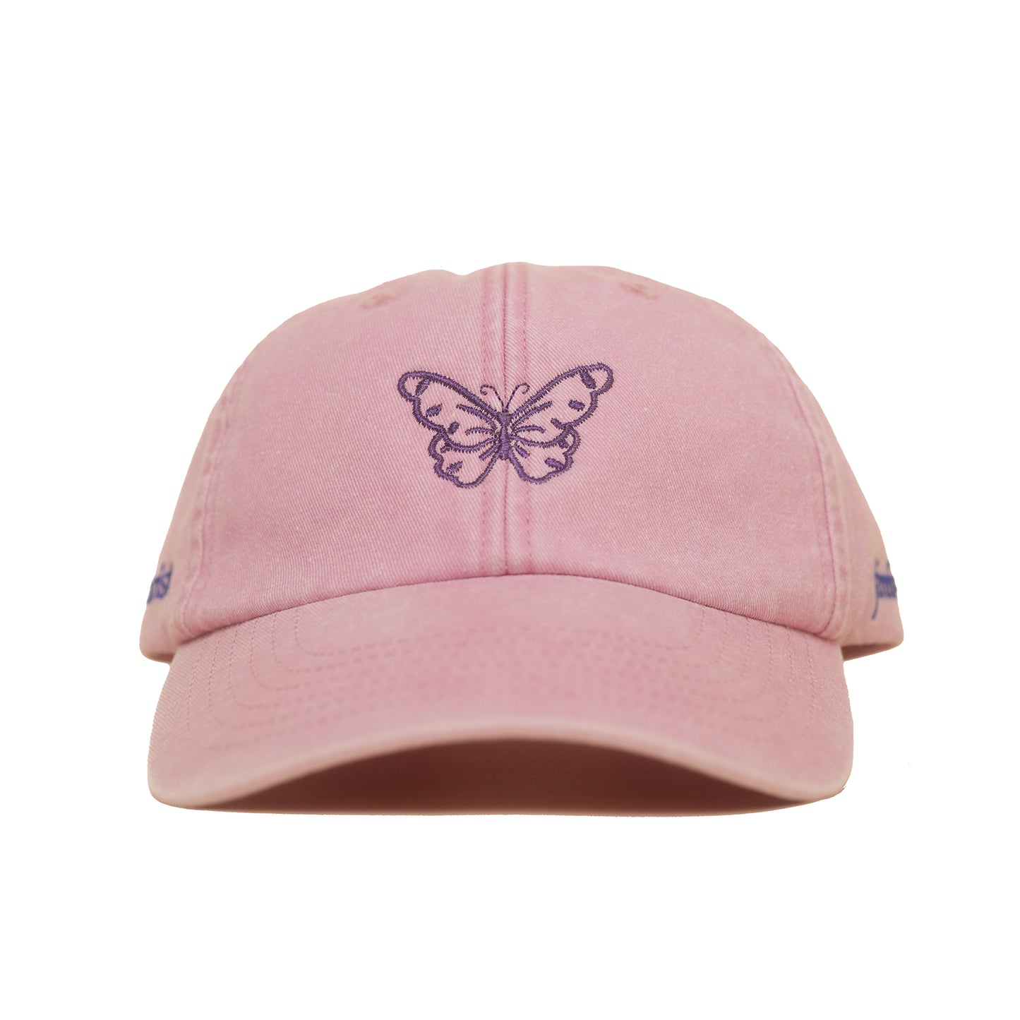 Dusky pink Vintage Cap mit violett gesticktem Schmetterlingsmotiv frontal