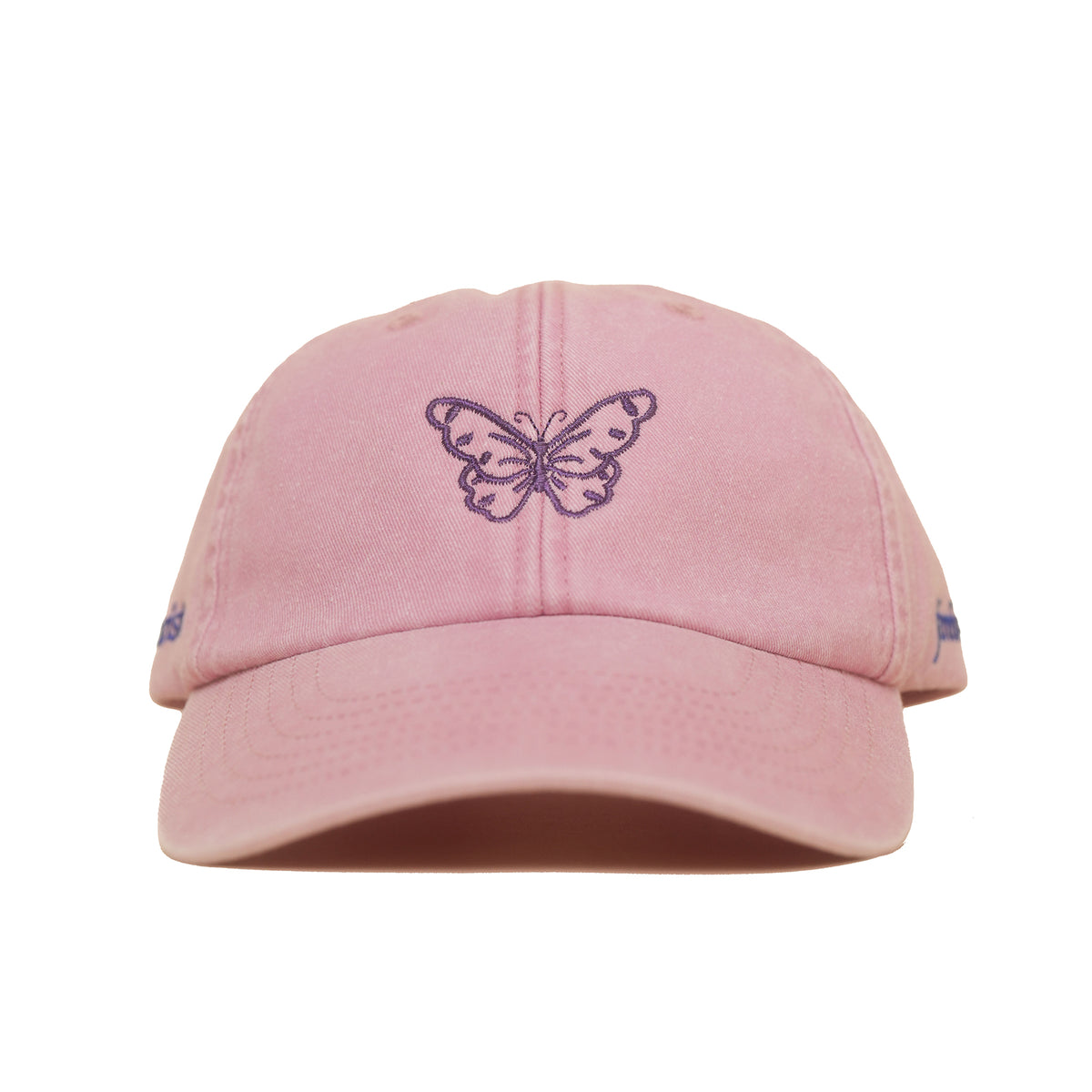 Dusky pink Vintage Cap mit violett gesticktem Schmetterlingsmotiv frontal