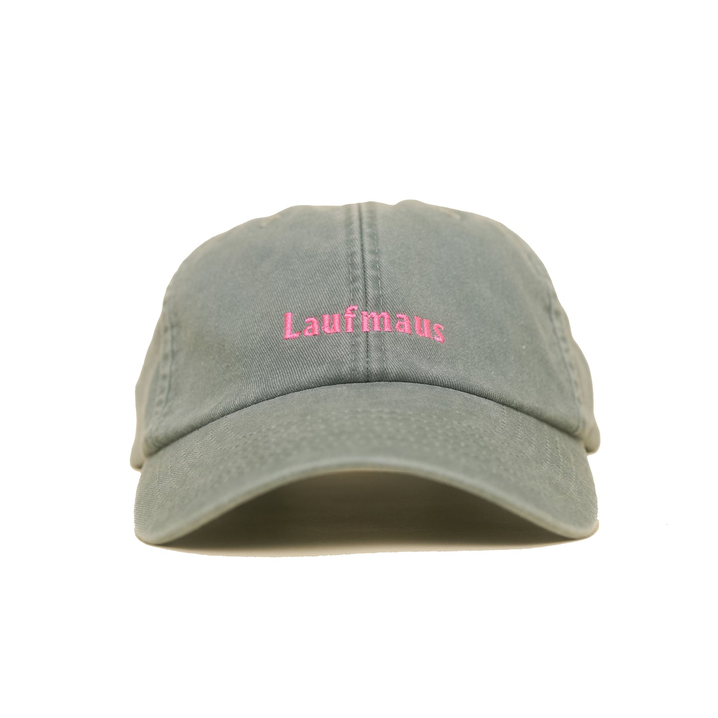 Sage green Vintage Cap mit pinker Stickerei „Laufmaus“ frontal
