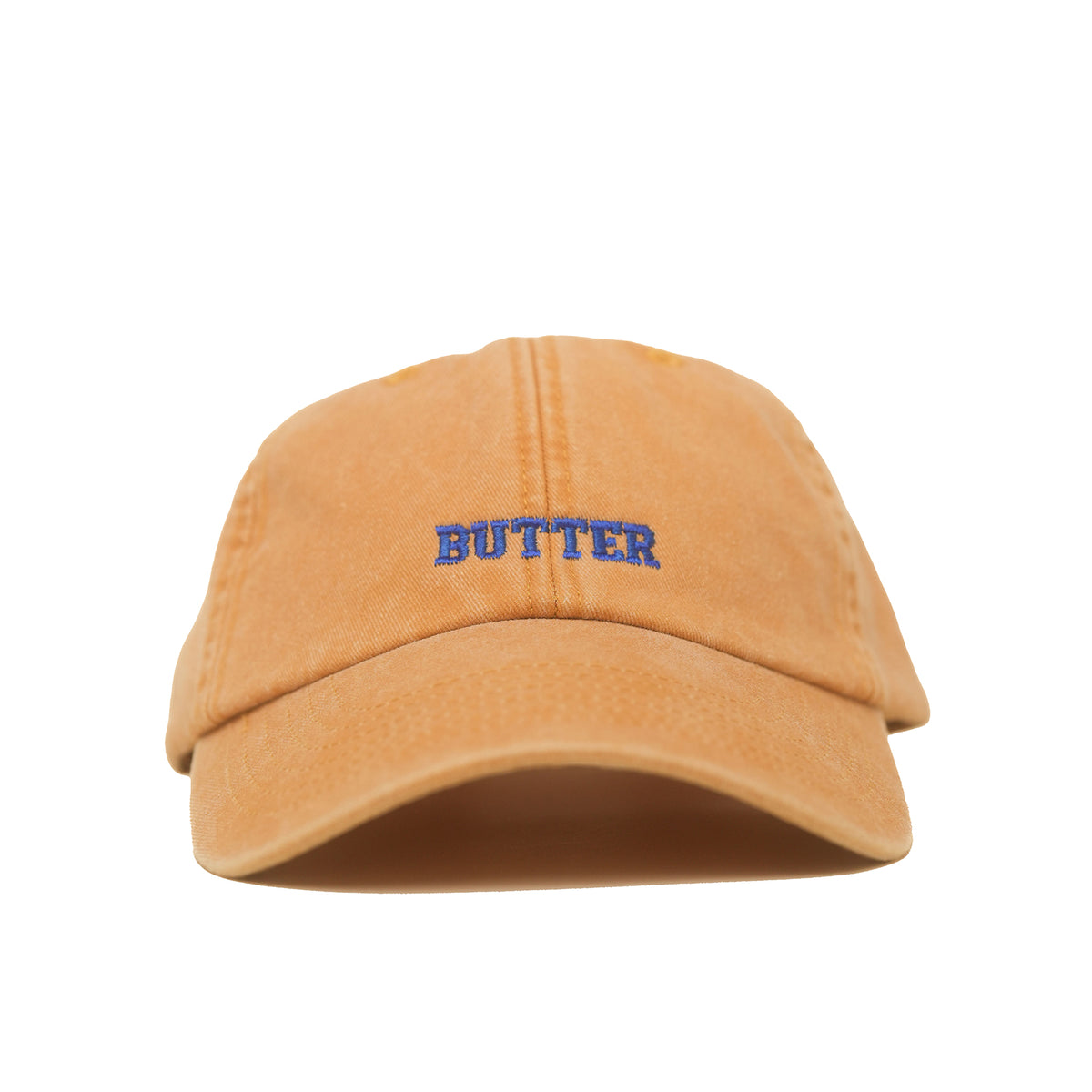 Mustard Vintage Cap mit blauem Schriftzug „Butter“ in Frontansicht