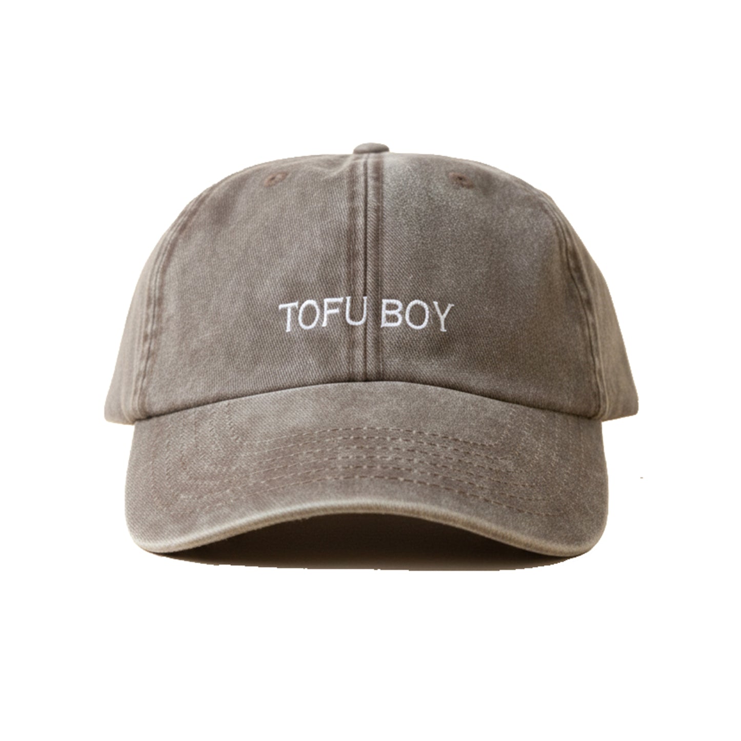 Brown Vintage Cap mit weißer Stickerei „TOFU BOY“ frontal
