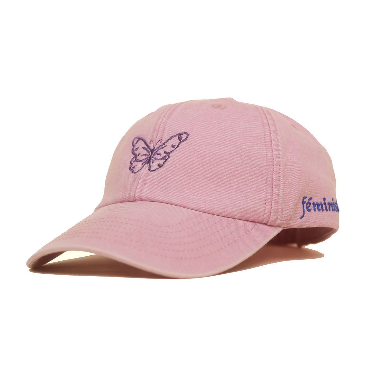Dusky pink Vintage Cap mit violett gesticktem Schmetterlingsmotiv seitlich